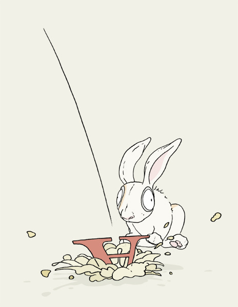 Vorsatz vorne, Hase oder Karnickel, geschockt vom Einschlag eines As.