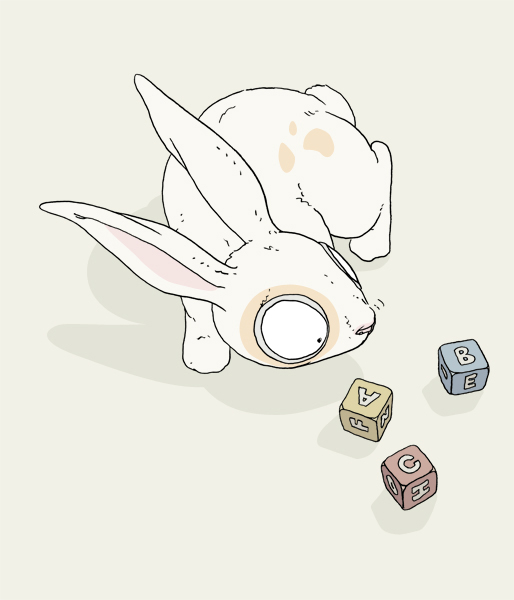 Deutsch für Anfänger, Hase oder Karnickel, an Buchstabenklötzen schnuppernd.