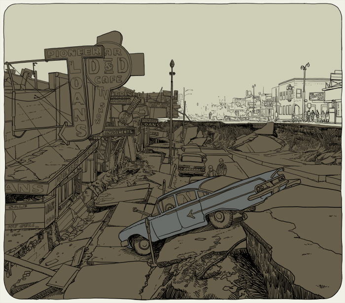 Alaska Earthquake 1964, Zerstörte Strasse nach dem Erdbeben in Alaska 1964.