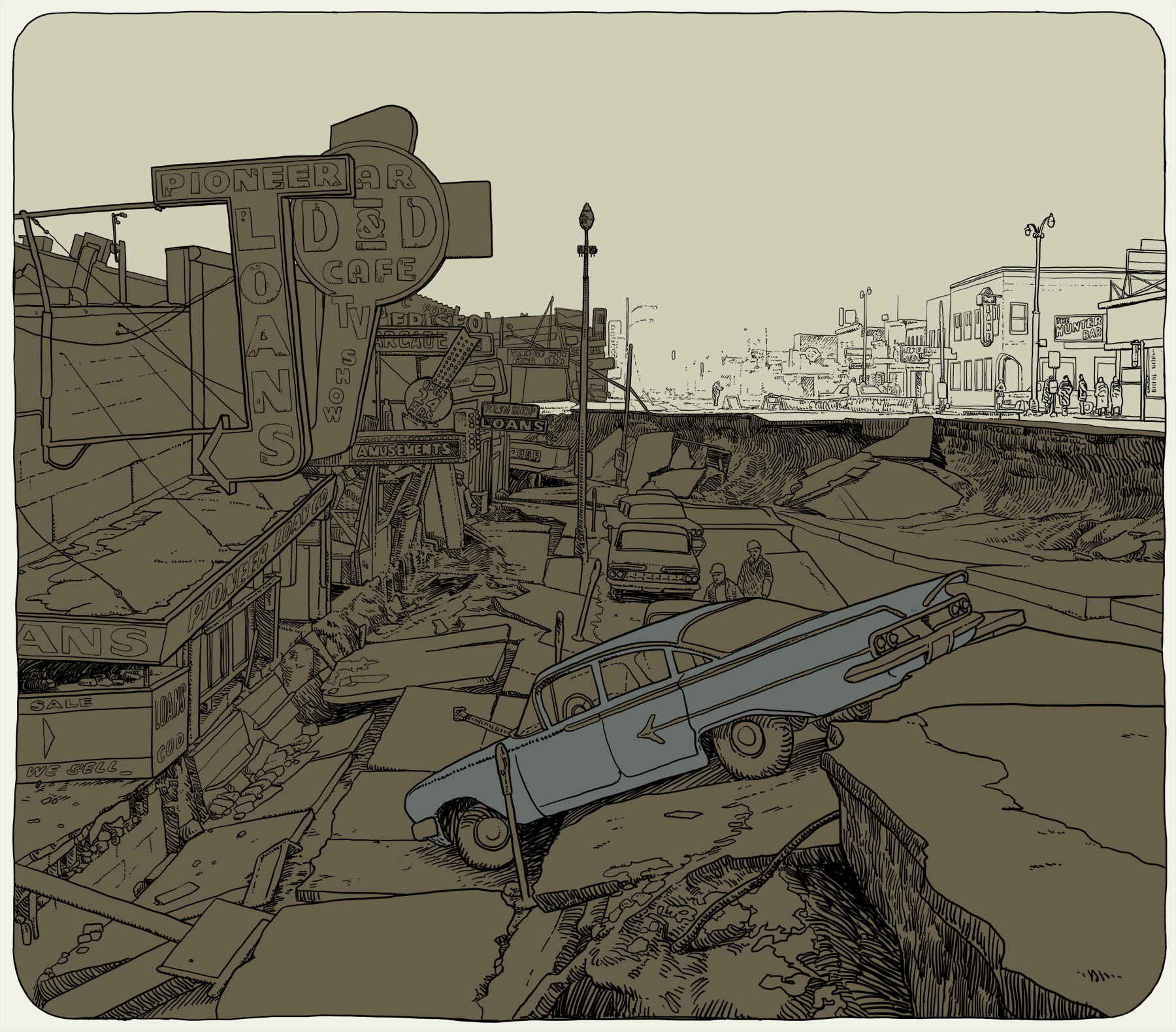 Alaska Earthquake 1964, Zerstörte Strasse nach dem Erdbeben in Alaska 1964.