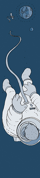 Angst VII, VIII und IX, All, Mond, ein Astronaut mit gekapptem Verbindungsschlauch treibt im All.