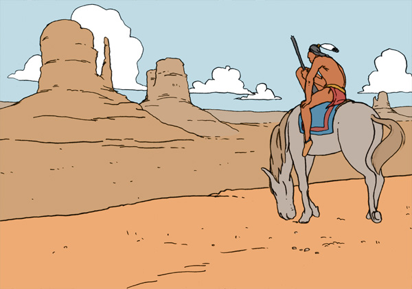 Apache, Ein Indianer, vielleicht ein Apache sitzt auf seinem Pferd und schaut über die Ebene mit Bergen (ev Monument Valley).