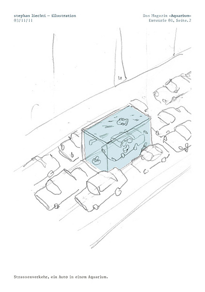 Entwurf B, Fische, Verkehr, Autos, Passanten, Schaufenster.
