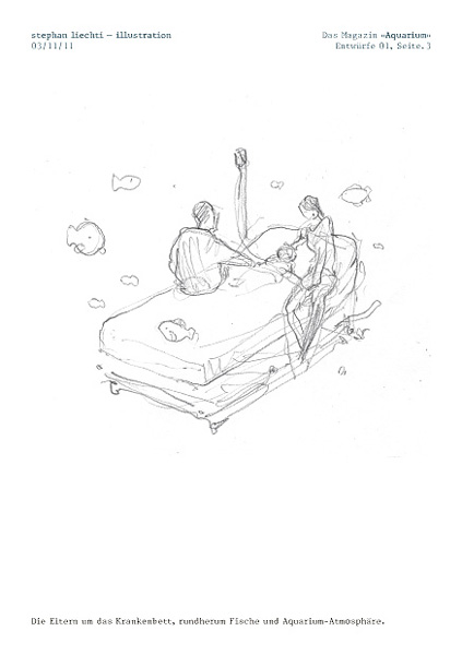 Entwurf C, Krankenzimmer, Bett, Eltern, Kind, Fische.