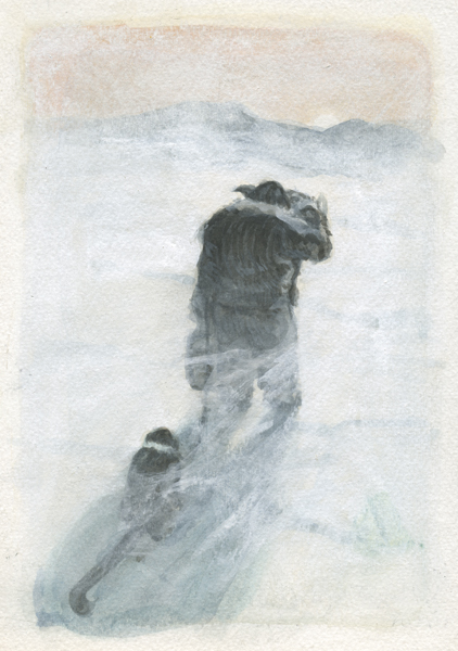 Arktistagebücher: II, Mann mit Tier gegen einen Sturm in der Arktis ankämpfend.