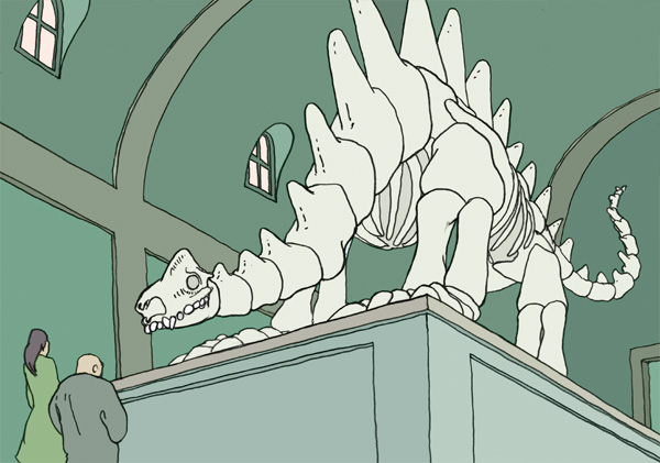 Backbone, Ein Mann und eine Frau betrachten im Museum das Skelett eines Dinosauriers.