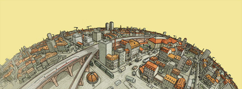 Einladungskarte, Tag, Basel, Badischer Bahnhof und Umgebung bei Tag.