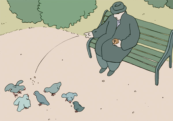 Breadcrumb, Ein älterer Mann füttert in einem Park von der Bank aus mit Brotkrümeln kleine Vögel.