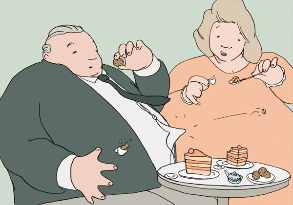 Button, Zwei dicke Menschen mampfen in einem Cafe Törtchen bis die Kleider platzen.