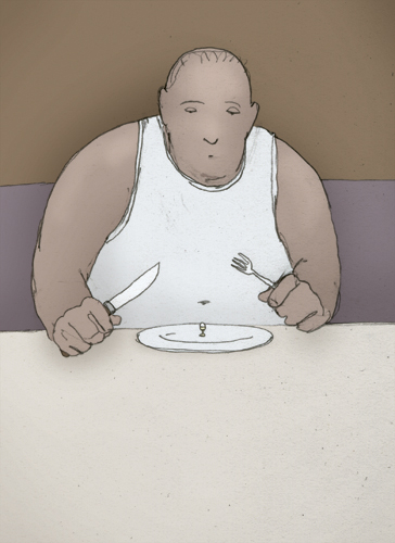 &nbsp;, Mann, auf Diät, der endlich ein winziges gekochtes Ei essen darf.