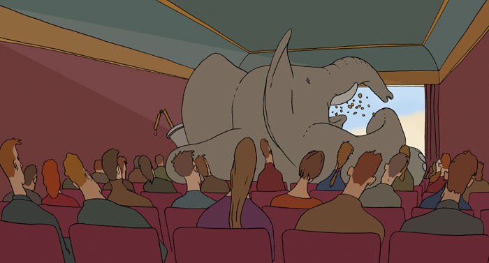 Anstand, Elefant im Kino, der allen anderen die Sicht versperrt.