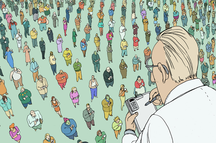 Die Krux mit der Studie, Wissenschaftler vor einer Masse von Leuten Zwecks Studie.