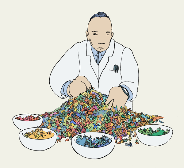 Die Krux mit der Studie, Vignette, Ein Wissenschaftler sortiert verschiedene Leute.