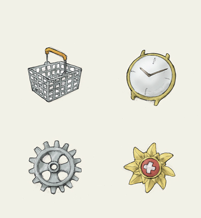 Auf hartem Kurs, Vignetten, Einkaufskorb, Uhr, Zahnrad und Schweiz Tourismus Logo.