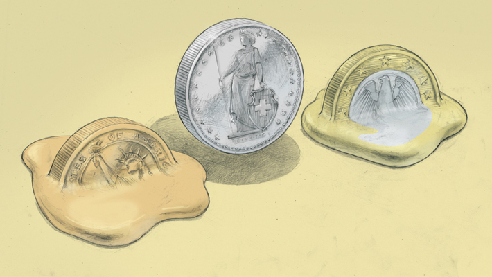 Auf hartem Kurs, Dollar, Franken und Euro, der Franken bleibt hart, während Euro und Dollar zerfliessen.