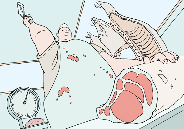 Hacker, Ein dicker Metzger oder Fleischer Hackt in seiner Metzgerei mit dem Messer das Fleisch in Stücke.