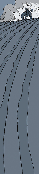 Angst VII, VIII und IX, Feuer, Feld, eine Hunne wartet am Horizont auf das Angriffssignal.