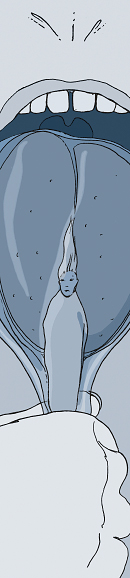 Angst IV, V und VI, Eine Frau in der Grösse eines Lutschers wird von einer übergrossen Zunge abgeschleckt.