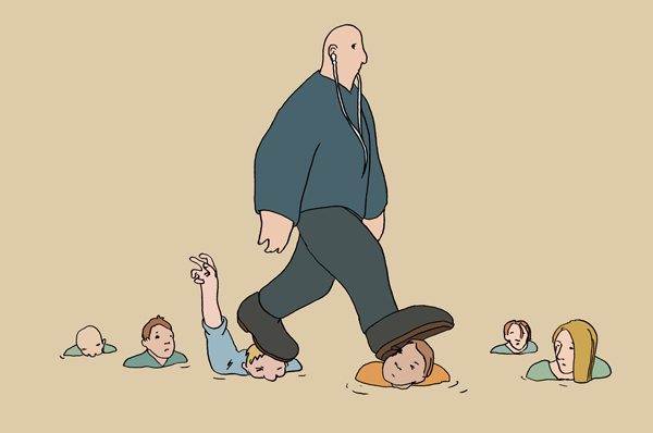 Wir Unverschämten, Mann, über Köpfe anderer gehend.