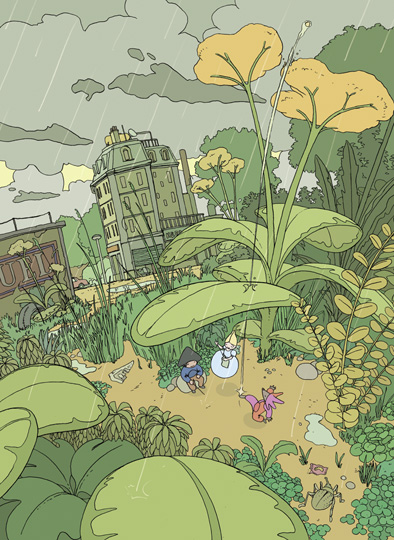 Auf, zum Mond! Seite 3, Die drei spielen im Garten im Regen zwischen den Pflanzen. Im Hintergrund ein Haus.