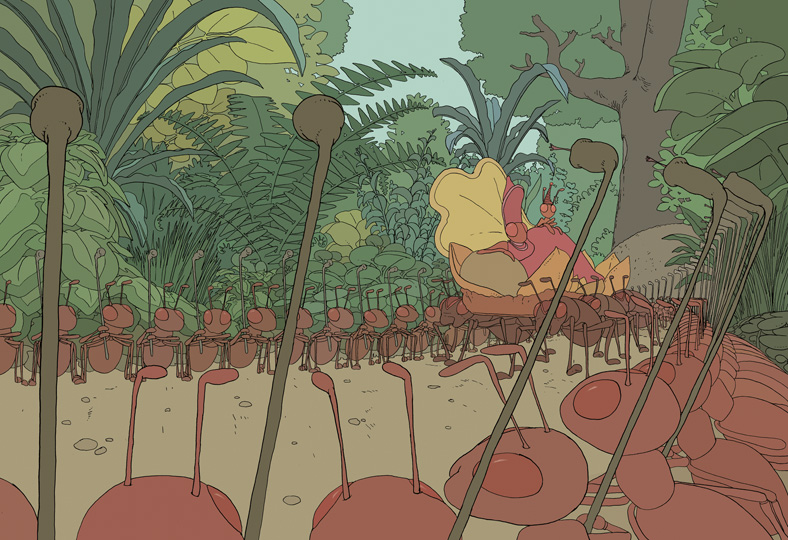 Auf, zum Mond! Seite 12/13, Im Wald: Endlich kommt die Ameisenkönigin durch ein Spalier von Soldaten.