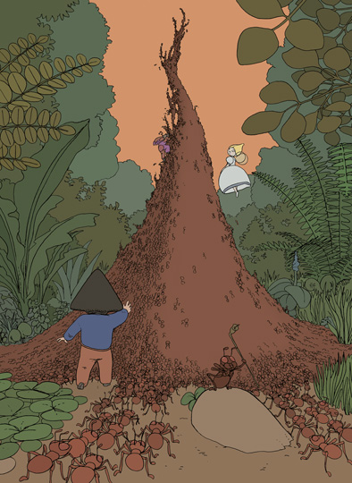 Auf, zum Mond! Seite 17, Abend, Sonnenuntergang: Die Ameisen bauen für Leonur, Manapi und Nubbur eine Pyramide zum Mond.