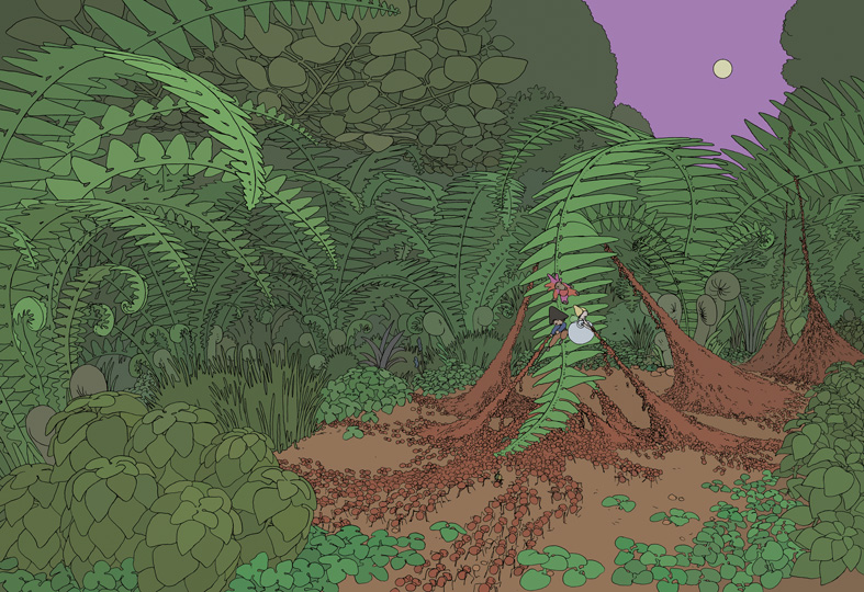 Auf, zum Mond! Seite 20/21, Im Farngarten spannen die Ameisen ein Farnblatt um die drei zum Mond zu katapultieren.