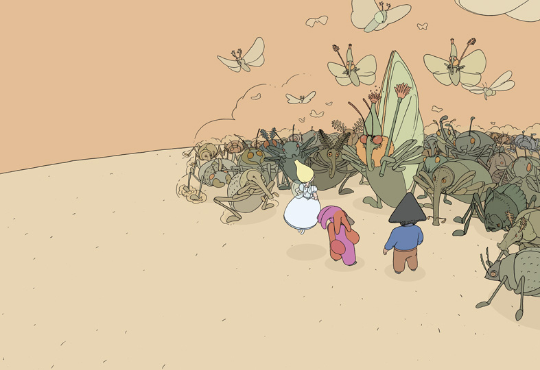 Auf, zum Mond! Seite 30/31, Die Motten und Käfer sind sauer auf die drei und schauen böse.