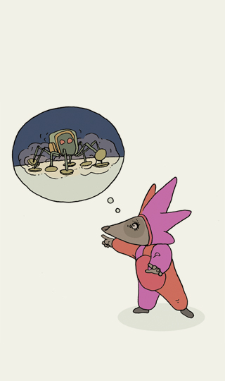 Auf, zum Mond! Seite 39, Nubbur zeigt auf das, was er für eine Mondfähre hält.