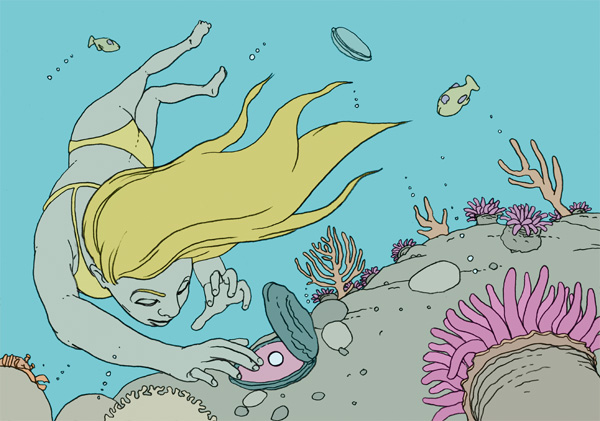 Pearl, Eine hübsche Frau im Bikini taucht im Meer in einem Korallenriff nach Muscheln und Perlen.