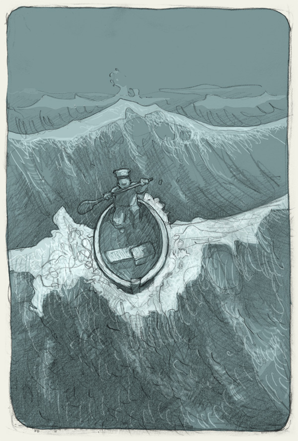 Arktistagebücher: XI, Matrose bei schwerem Sturm und grossen Wellen am rudern.