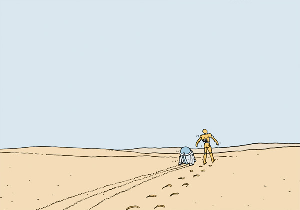 Robot, Die beiden Roboter aus Star Wars (D2R2 und der andere) irren durch die Wüste Richtung Horizont.