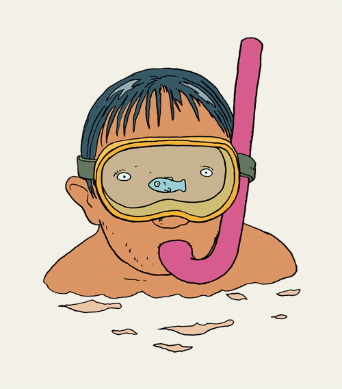 Taucher, Taucher mit Fisch in der Taucherbrille.