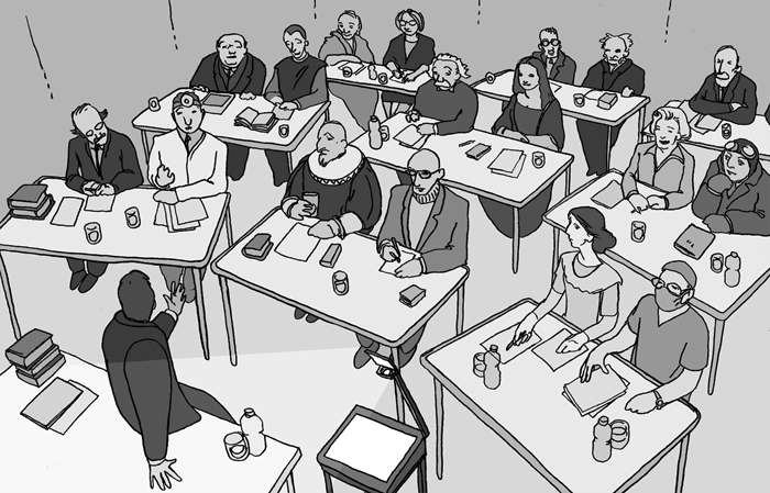 Lebenslanges Lernen, Verschidene Berühmtheiten in einem Seminar sitzend und lernend.