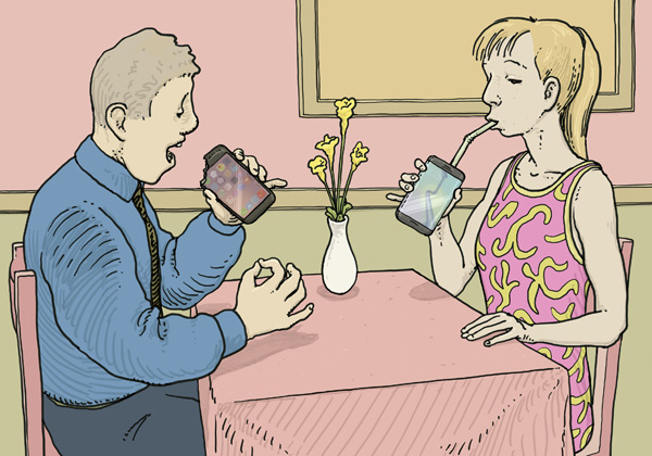 Nur essen kann man sie noch nicht, Mann und Frau die ihr smartphone essen bzw daraus trinken.