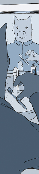 Angst X, XI und XII, Badezimmer, vor dem Spiegel entdeckt ein Mann bei der Morgentoilette, dass er sich in ein Schwein verwandelt hat.