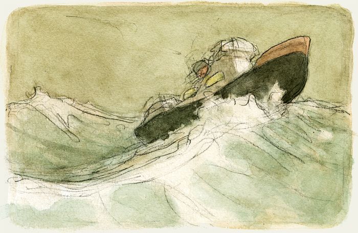 Arktistagebücher: IX, Schiff im stürmischen Meer.