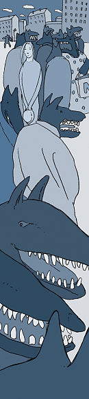 Angst IV, V und VI, Stadt, Nacht, Eine Frau ist umgeben von bedrohlichen, wolfsgesichtigen Menschen.