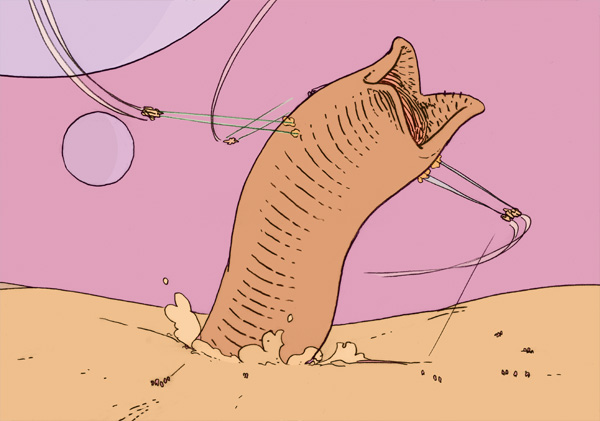 Worm, Auf einem fremden Planeten kämpfen Astronauten mit Lasern gegen riesige Sandwürmer wie bei Dune.