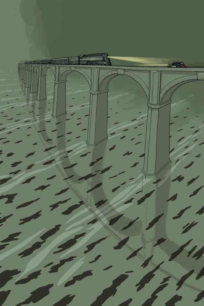 &nbsp;, Auto und Zug auf einer Brücke auf Kollisionskurs